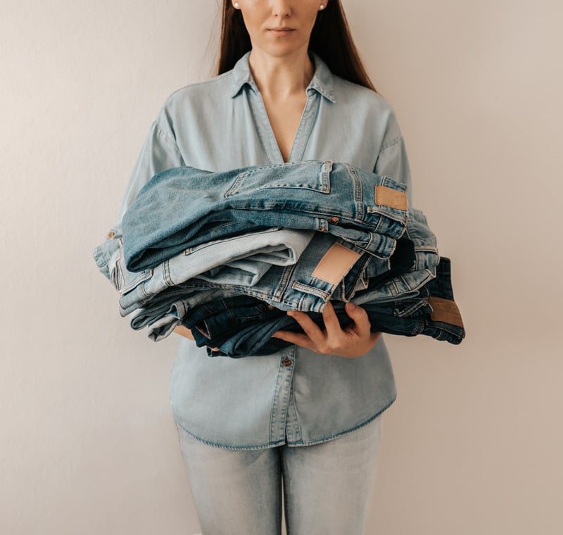 Cr&eacute;atrice tenant une pile de jeans